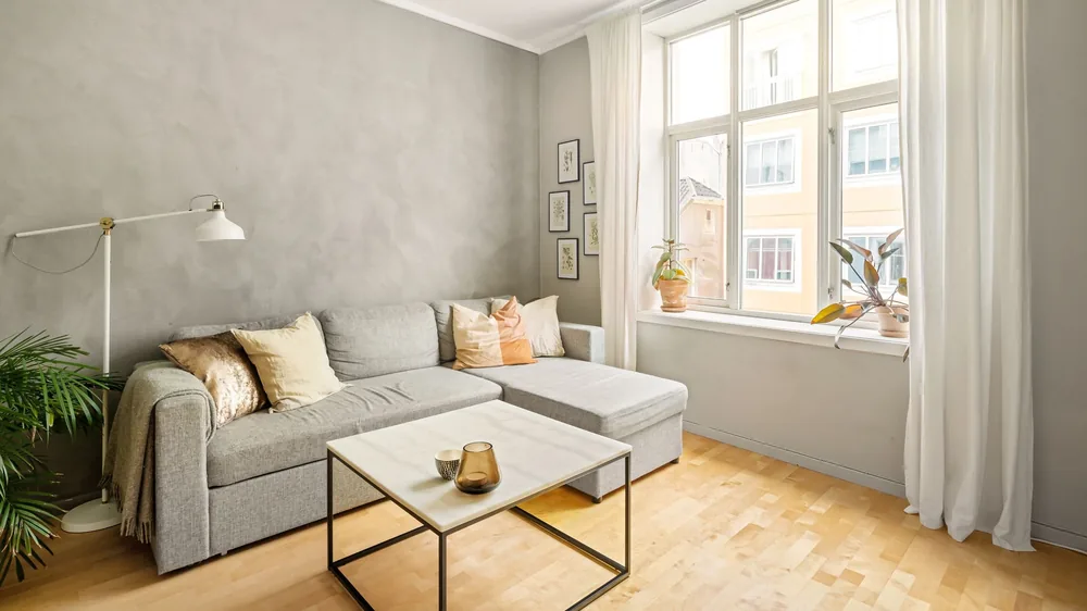Tidy living room with a grey corner sofa and tall window